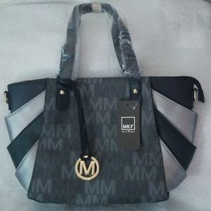 New MKF Silver & Black Signature Draped-Sided Tote